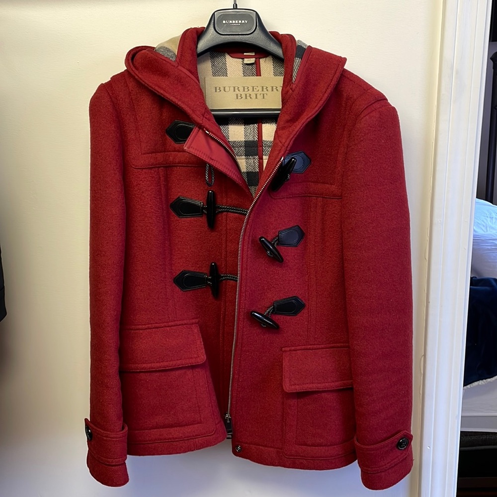 Burberry Brit Red Wool Toggle Pea Coat